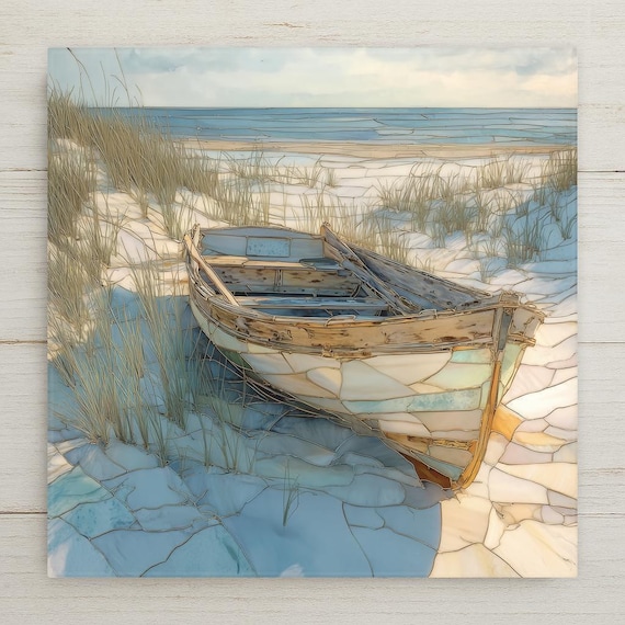 Row Boat Coastal Wall Art Ceramic Tile – Weathered Skiff on Sandy Shore, Nautical Beach Decor, Nature-Inspired Stained Glass Style