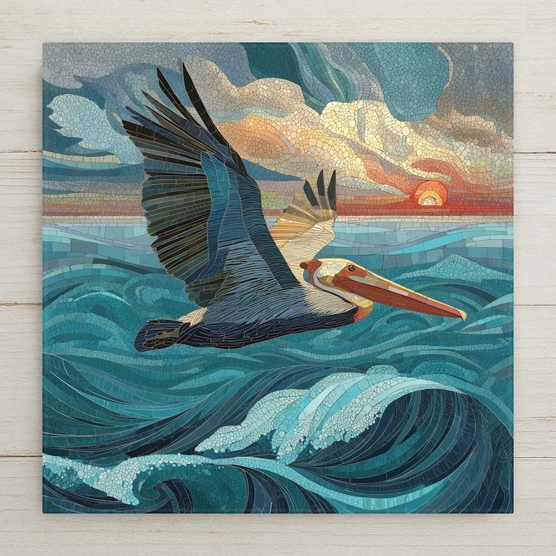Pelican Over Waves ceramic tile wall art in ocean blue and coral tones. Perfect for coastal wall decor, nautical themes, or beach home decor. Optional frame, wall hanger, easel, or cork backing available.
