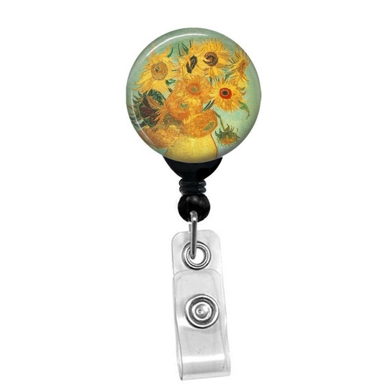 Van Gogh Sunflowers Badge Reel Retractable ID Holder Floral Art Nurse Teacher Gift Custom Name Clip Impressionist Art Accessory