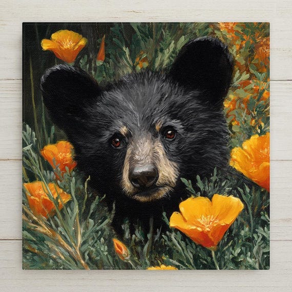 Black Bear Cub Ceramic Tile Wall Art - Woodland Animal Home Decor with California Poppies, Rustic Wildlife