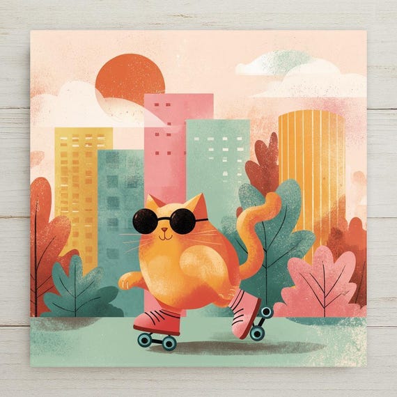Retro Feline Roller Skater Ceramic Tile: Urban Pop Art Wall Decor for Cat Lovers Home Decor