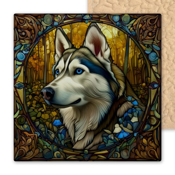 Alphonse Mucha Inspired Siberian Husky Ceramic Art Tile: Boho Wall Decor, Coaster, Trivet for Dog Lovers
