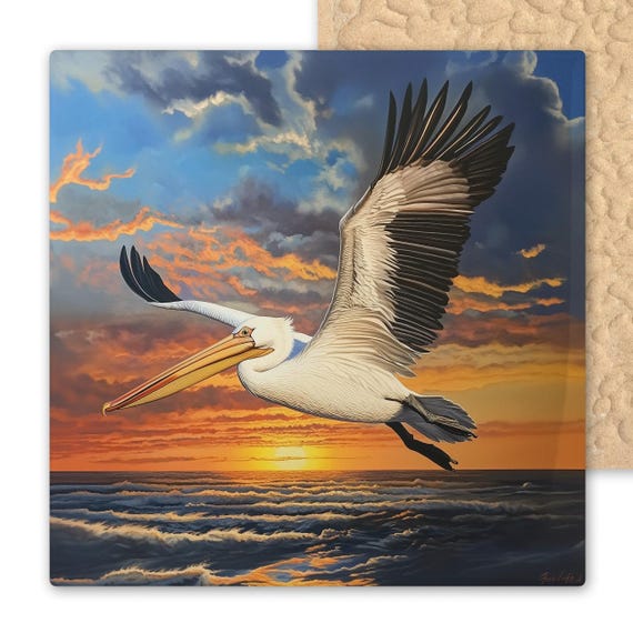 Pelican Ceramic Tile Wall Art - Coastal Bird in Flight at Sunset - Nautical Beach House Decor