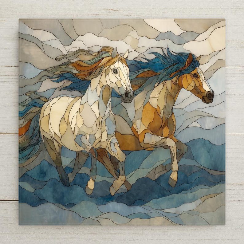 Two horses running together symbolize partnership, trust, and shared strength. This stained glass–style ceramic tile wall art represents emotional connection and balance, making it a meaningful gift for couples, anniversaries, weddings, or long-term bonds. A timeless piece of symbolic wall decor celebrating companionship and moving forward together.