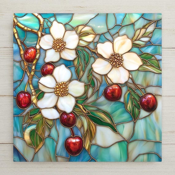 Stained Glass Look Cherry Tree Ceramic Tile - Botanical Kitchen Decor