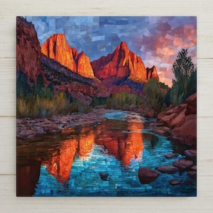Zion National Park Ceramic Tile Wall Art – Watchman Peaks & Virgin River Reflection, Stained Glass Style Mountain Wall Decor