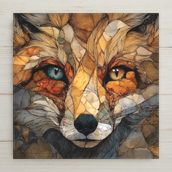 Fox Stained Glass Art Tile Woodland Animal Wall Art Nature Wildlife Home Decor Rustic Cabin Gift Decorative Tile