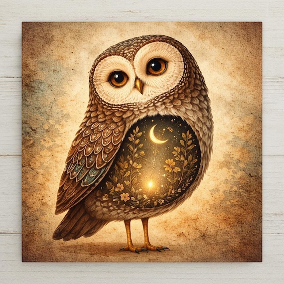 Owl Moonlight Ceramic Tile Wall Art - Whimsical Night Forest Home Decor Stained Glass Style Gift