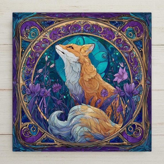 Kitsune Fox Ceramic Tile: Stained Glass Japanese Wall Art, Whimsical Mythical Creature Decor