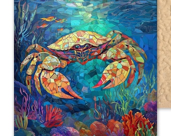 Coastal Crab Ceramic Tile: Nautical Mosaic Wall Art for Beach Home Decor - Stained Glass Look Ocean Accent
