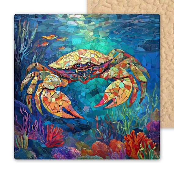 Coastal Crab Ceramic Tile: Nautical Mosaic Wall Art for Beach Home Decor - Stained Glass Look Ocean Accent