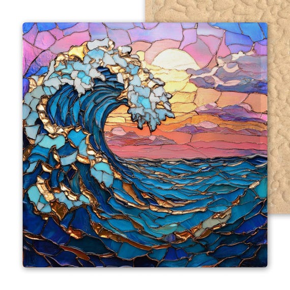 Vibrant Ocean Wave Ceramic Tile Art: Coastal Sunset Wall Decor in Stained Glass Style for Beach Lovers