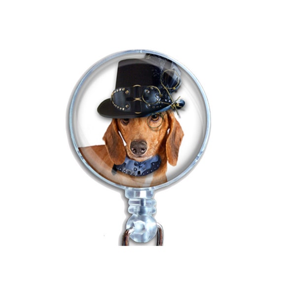 Badge Reel ID Retractable Name Card Holder Steampunk Dachshund Puppy Dog With Hat And Spectacles