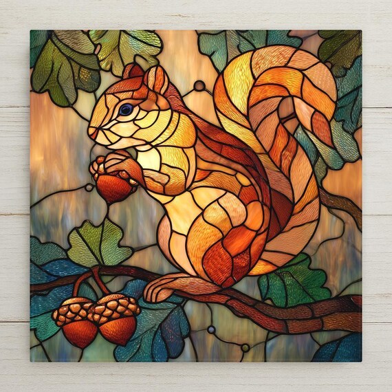 Squirrel Ceramic Tile Wall Art - Stained Glass Woodland Autumn Forest Nature Home Decor Gift