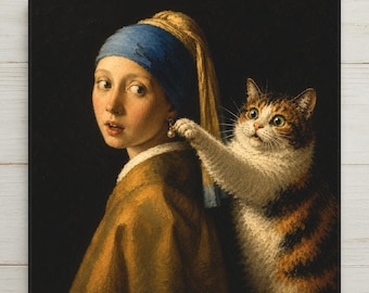 May include: A square art print featuring a person wearing a blue headscarf and a brown garment, with a calico cat reaching out to touch the pearl earring hanging from the person's ear. The background is a solid black color, creating a high contrast.