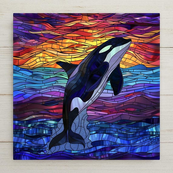 Handcrafted Stained Glass Orca Whale Tile: Breaching Killer Ocean Sunset Wall Art for Nautical Decor