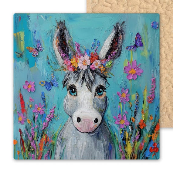 Whimsical Floral Donkey Ceramic Tile Wall Art - Colorful Cottagecore Farm Animal Decor for Country Home