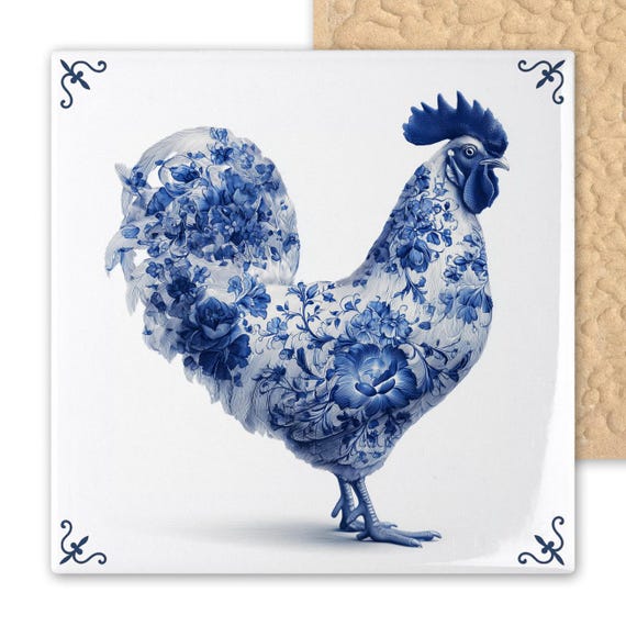 Vintage-Style Blue Delft Rooster Ceramic Tile - Dutch Floral Kitchen Wall Art for Country Farmhouse Decor