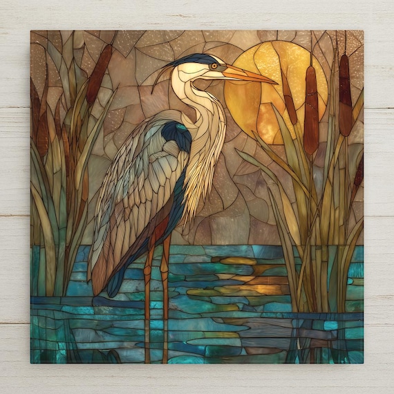 Blue Heron at Sunset Ceramic Tile Art in Stained Glass Style – Heron Wall Art for Nature Inspired Wall Decor and Earth Tone Home Decor