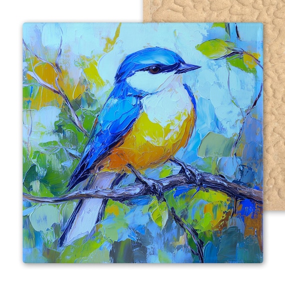 Vibrant Songbird Ceramic Art Tile: Expressionist Wildlife Wall Decor, Nature-Inspired Trivet, Bird Lover Gift