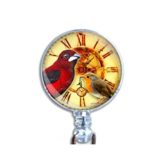 Badge Reel ID Retractable Name Card Holder Steampunk Red Robin Birds With Clock