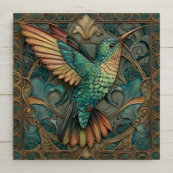 Art Nouveau Hummingbird Ceramic Tile Wall Decor - Teal Gold Bird Design, Botanical Nature Home Art Gift