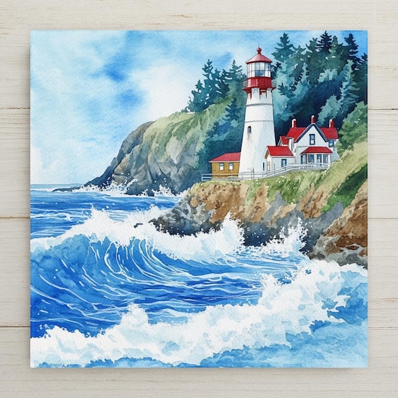 Heceta Head Lighthouse Wall Art Ceramic Tile: Coastal Beach House Decor