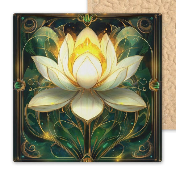 Luminous Lotus Ceramic Tile Art: Art Nouveau Floral Wall Decor for Zen Yoga Spaces & Spiritual Homes