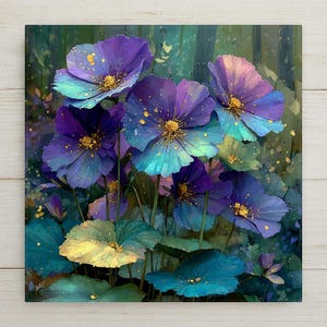 Puede incluir: Una impresión de arte mural cuadrada que muestra un grupo de flores vibrantes de color púrpura, azul y turquesa con centros de color amarillo brillante. Los pétalos muestran un degradado de tonos fríos sobre un fondo de bosque oscuro y abstracto.