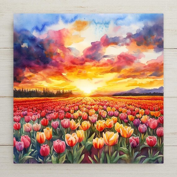 Vibrant Tulip Fields Ceramic Tile: Watercolor Sunset Floral Decor, Spring Garden Wall Art & Trivet
