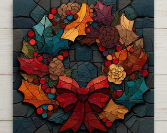 Christmas Wreath Wall Art Ceramic Tile Stained Glass Style Holiday Gift Holly Berry Winter Decor Art