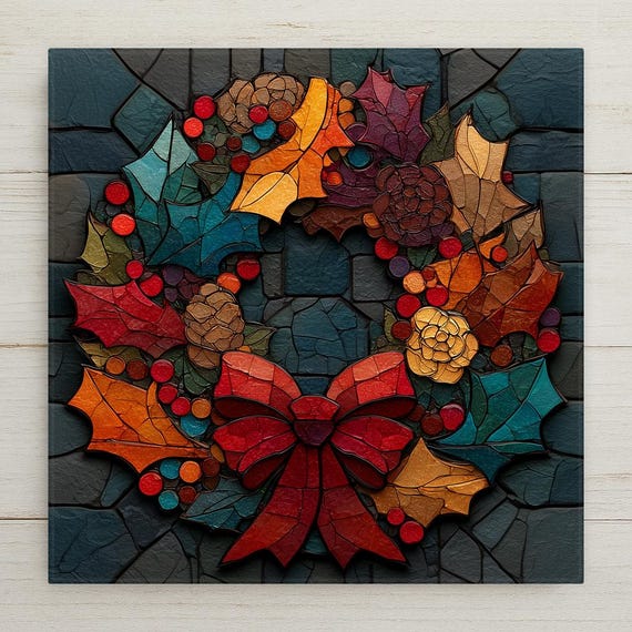 Christmas Wreath Wall Art Ceramic Tile Stained Glass Style Holiday Gift Holly Berry Winter Decor Art