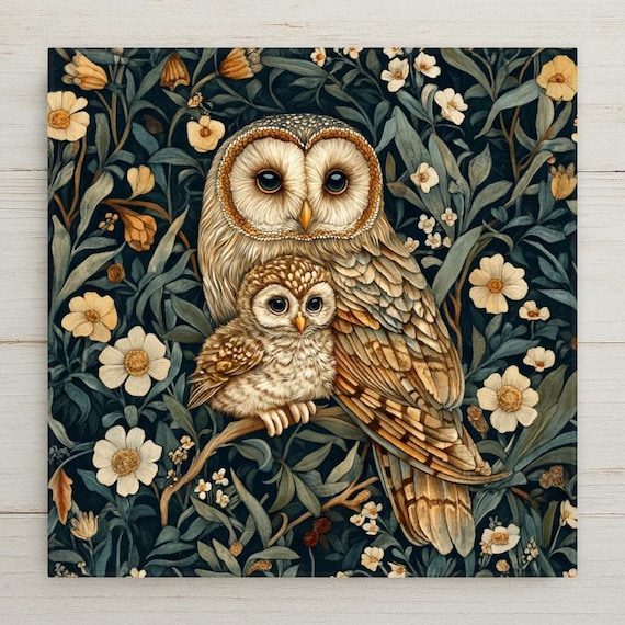 William Morris Owl Ceramic Tile: Art Nouveau Woodland Decor