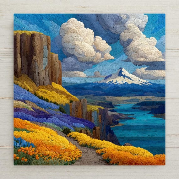 Columbia River Gorge Wall Art Ceramic Tile Stained Glass Style Oregon Gift Scenic Waterway Decor Place Identity