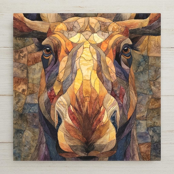 Moose Ceramic Tile Wall Art – Stained Glass Style Moose Portrait, Rustic Lodge Decor, Woodland Animal Wall Decor Gift