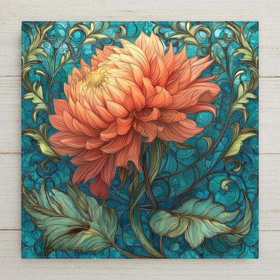 Pink Dahlia Wall Art Ceramic Tile – Blush Floral Stained Glass Decor – Botanical Wall Decor – Cottagecore Home Decor Gift