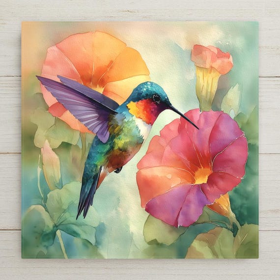 Hummingbird Trumpet Flowers Ceramic Art Tile: Colorful Wall Decor Floral Garden Bird Lover Gift Home Decor Watercolor