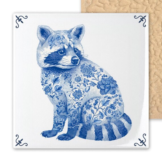 Whimsical Delft Blue Raccoon Tile: Dutch Ceramic Wall Art with Floral Patterns for Nature Lovers