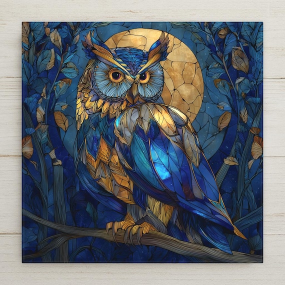 Owl Ceramic Tile Wall Art - Stained Glass Woodland Nature Forest Home Decor Gift
