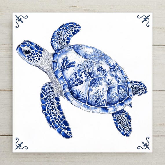 Blue Delft Sea Turtle Tile Art: Nautical Coastal Decor