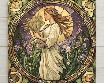Virgo Zodiac Stained Glass Style Ceramic Art Tile – Art Nouveau William Morris Wall Decor, Celestial Astrology Accent