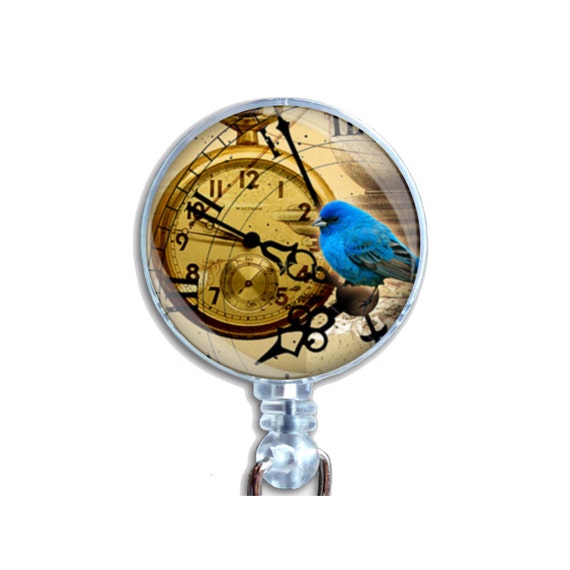 Badge Reel ID Retractable Name Card Holder Steampunk Blue Birds Clocks Pocket Watches