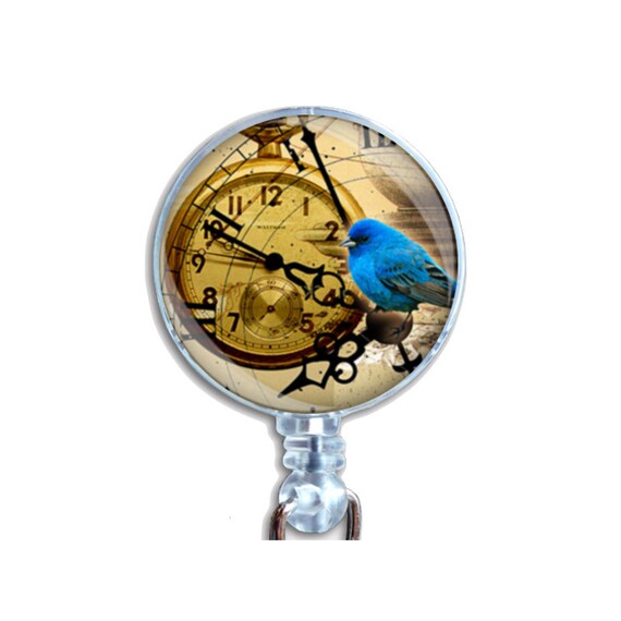 Steampunk Bluebird Badge Reel - Retractable ID Holder with Clocks and Pocket Watches, Vintage Blue Bird Name Tag Clip for Nurses Teachers