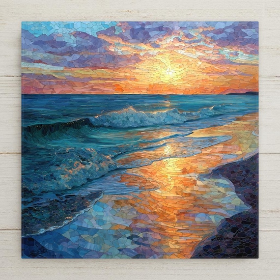 Cape Cod Ceramic Tile Wall Art – Coastal Beach Landscape, Stained Glass Style Ocean Decor, Nautical Cottage Home Art