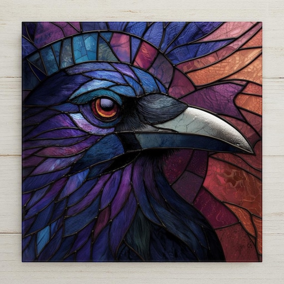 Gothic Raven Stained Glass Tile: Jewel-Toned Audubon-Inspired Crow Wall Art Decor