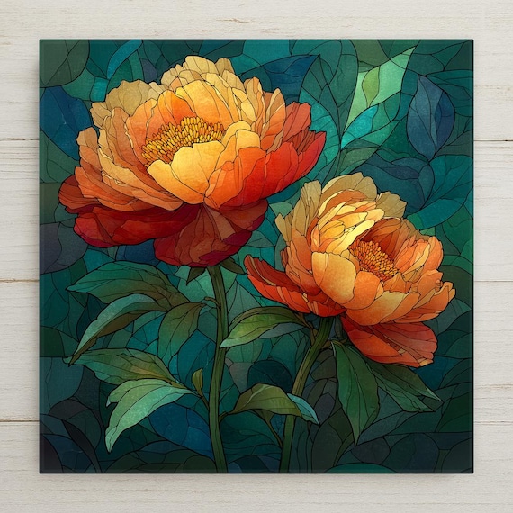 Peony Wall Art Ceramic Tile Stained Glass Style Floral Gift Botanical Decor Garden Lover Nature Art Gift
