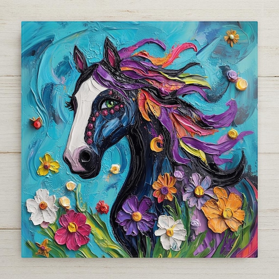 Whimsical Ceramic Horse Tile: Colorful Floral Mane Art Decor for Fantasy Lovers & Equestrians