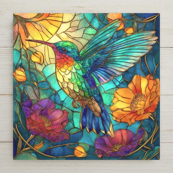 Hummingbird Ceramic Tile Art: Stained Glass Style Nature Decor