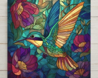 Hummingbird Stained Glass Style Ceramic Art Tile – Floral Nature Wall Decor, Colorful Garden Bird Gift
