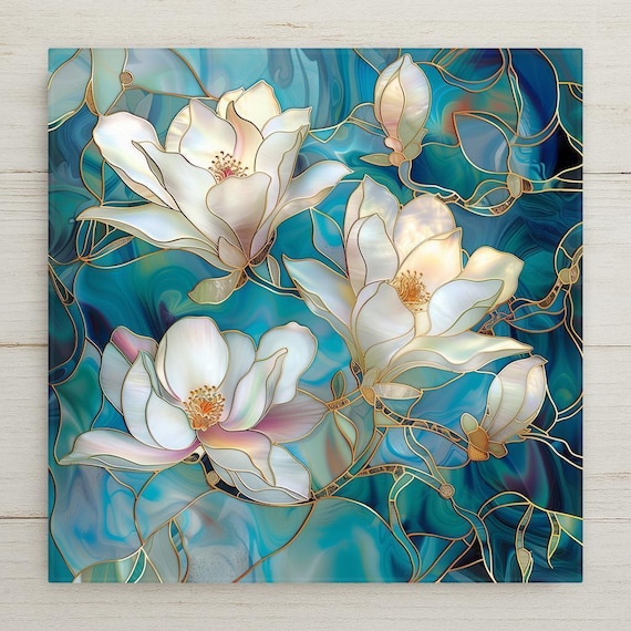 Magnolia Ceramic Tile Wall Stained Glass Style Art Nouveau Wall Decor - Nature-Inspired Botanical Home Gift